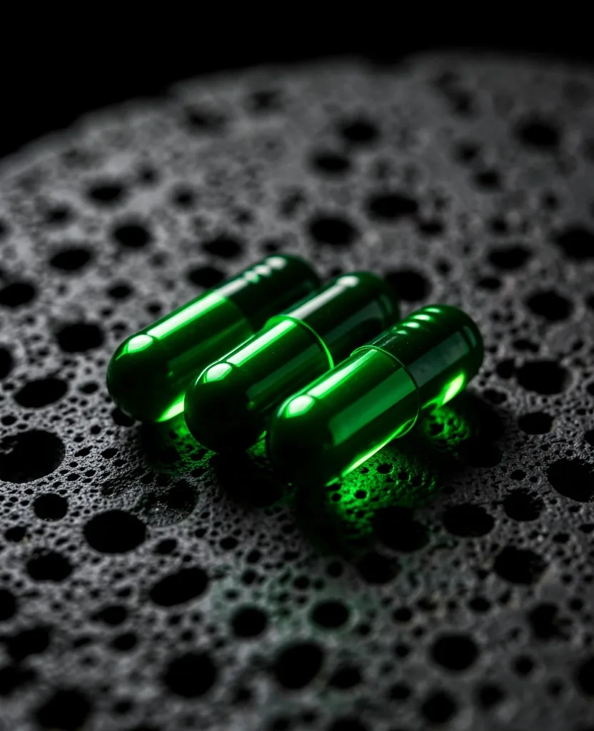 Macro view of a CoreMen supplement capsule on concrete