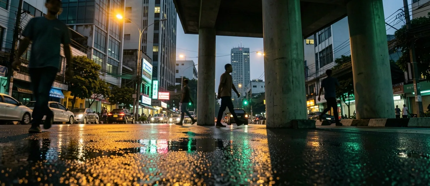 Urban Indonesian street scene at dusk