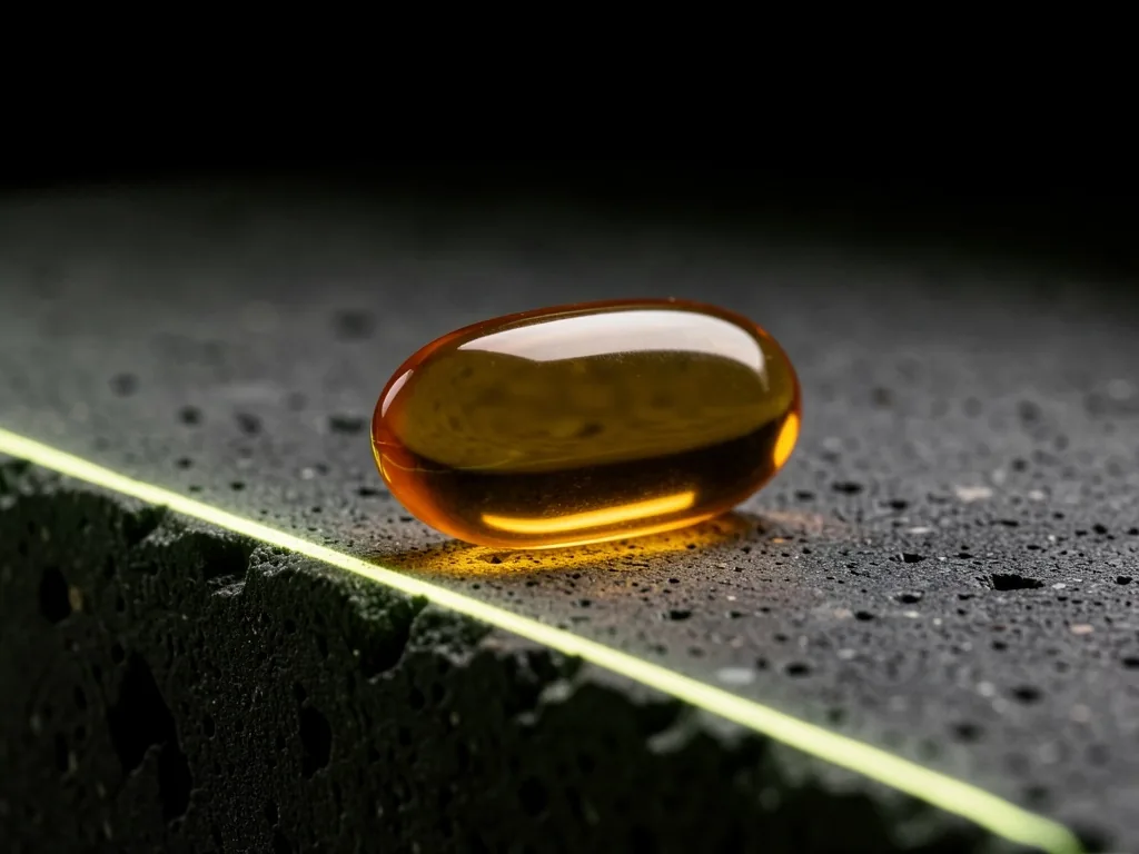 Close-up of a single supplement capsule on dark concrete