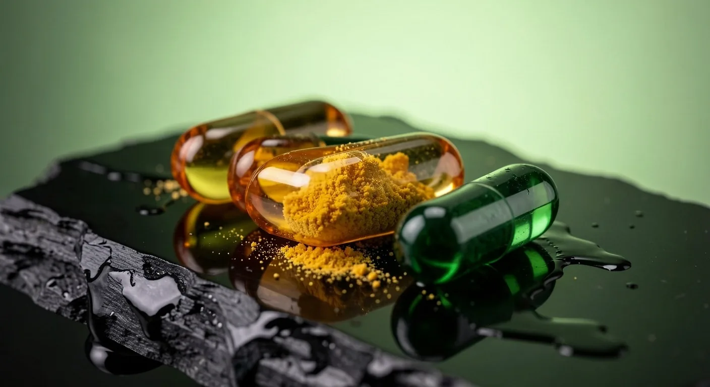 Macro detail of CoreMen supplement capsules on dark surface