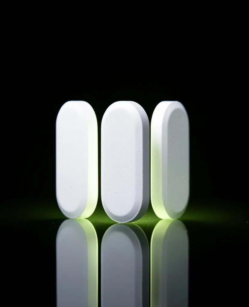 White supplement tablets standing on dark reflective surface