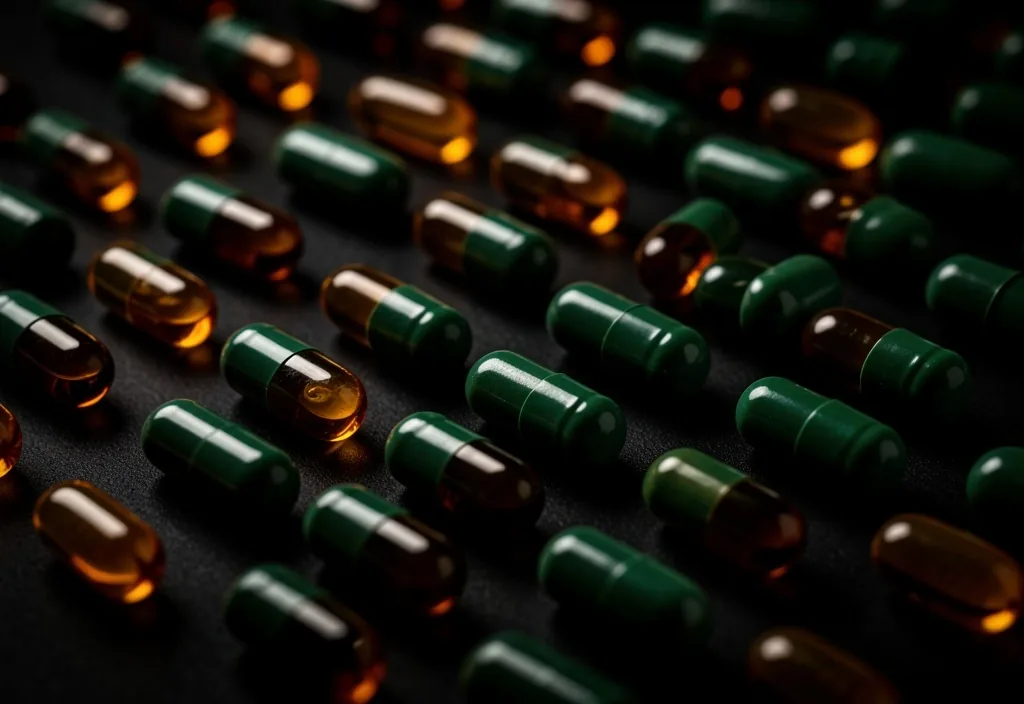 Close-up of supplement capsules on a dark surface