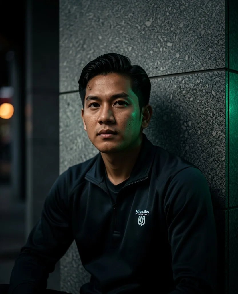 Indonesian man in low-key lighting against concrete wall
