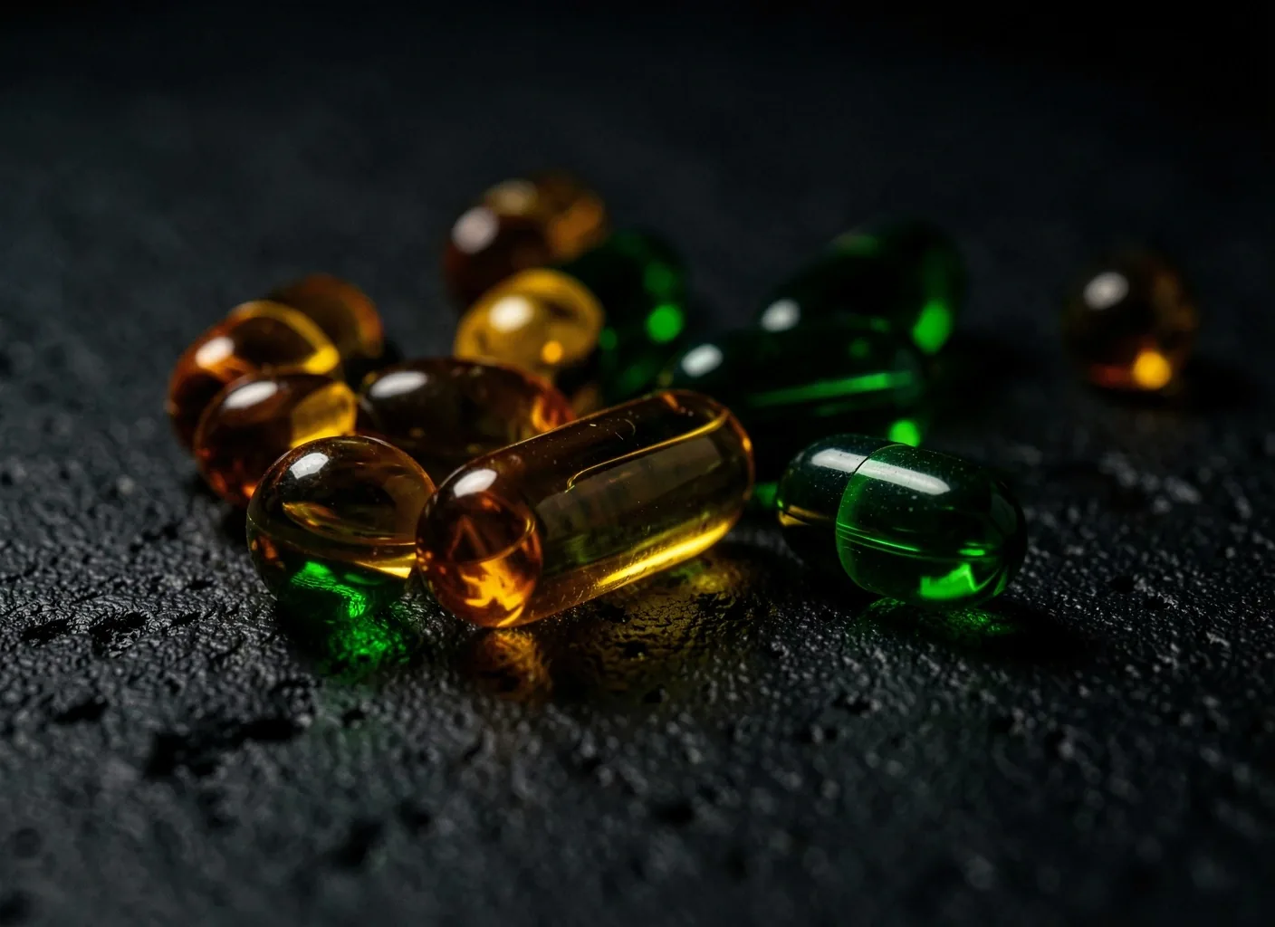 Macro view of supplement capsules on dark surface