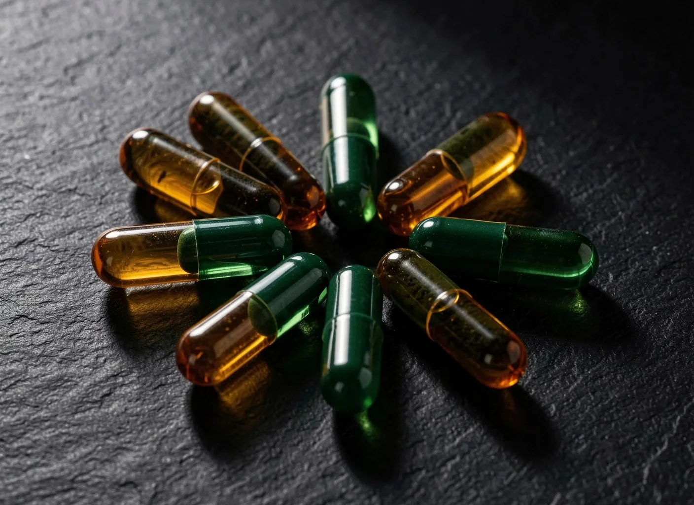 Macro view of CoreMen supplement capsules arranged on a dark surface